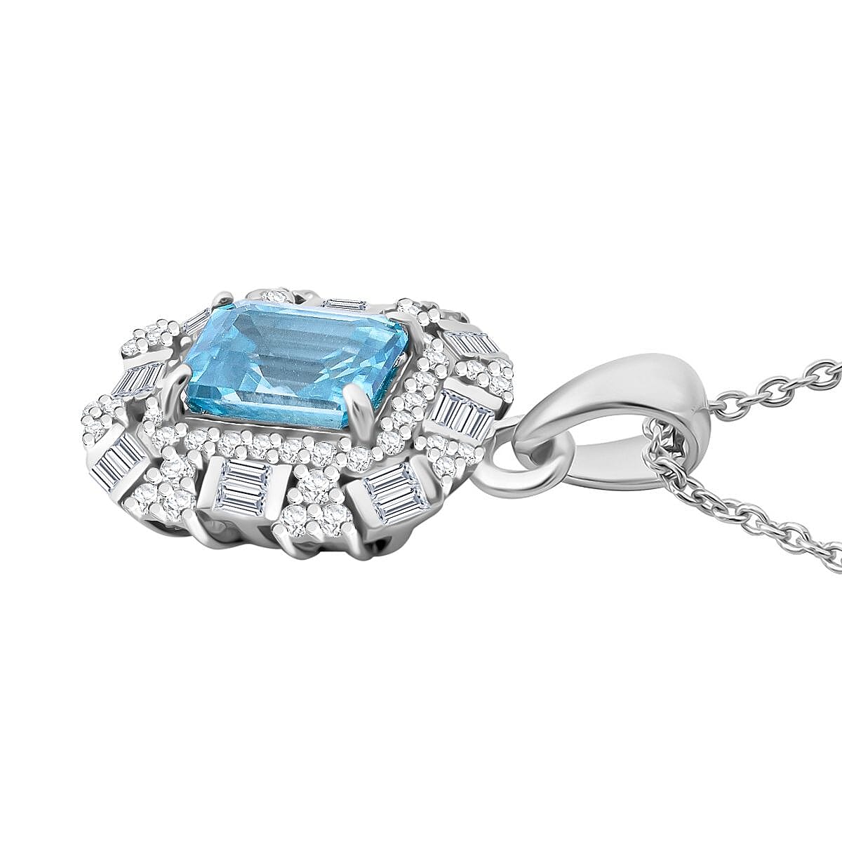 Premium Cambodian Blue Zircon and White Zircon 4.30 ctw Pendant Necklace in Rhodium Over Sterling Silver 20 Inches image number 3