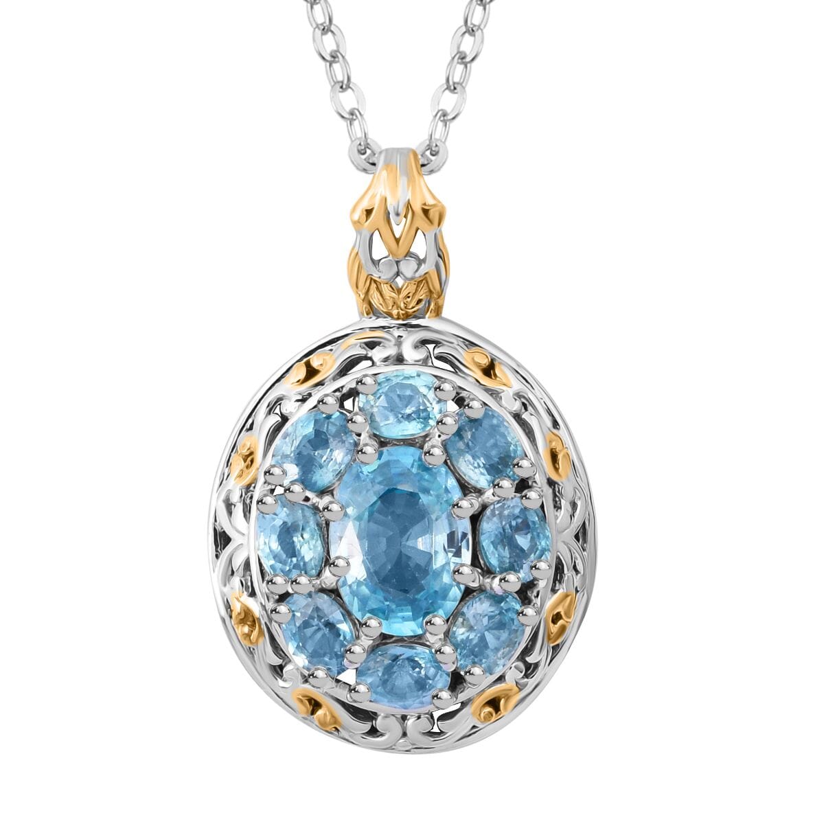 Premium Cambodian Blue Zircon 4.00 ctw Pendant Necklace in Vermeil YG and Rhodium Over Sterling Silver 20 Inches image number 0