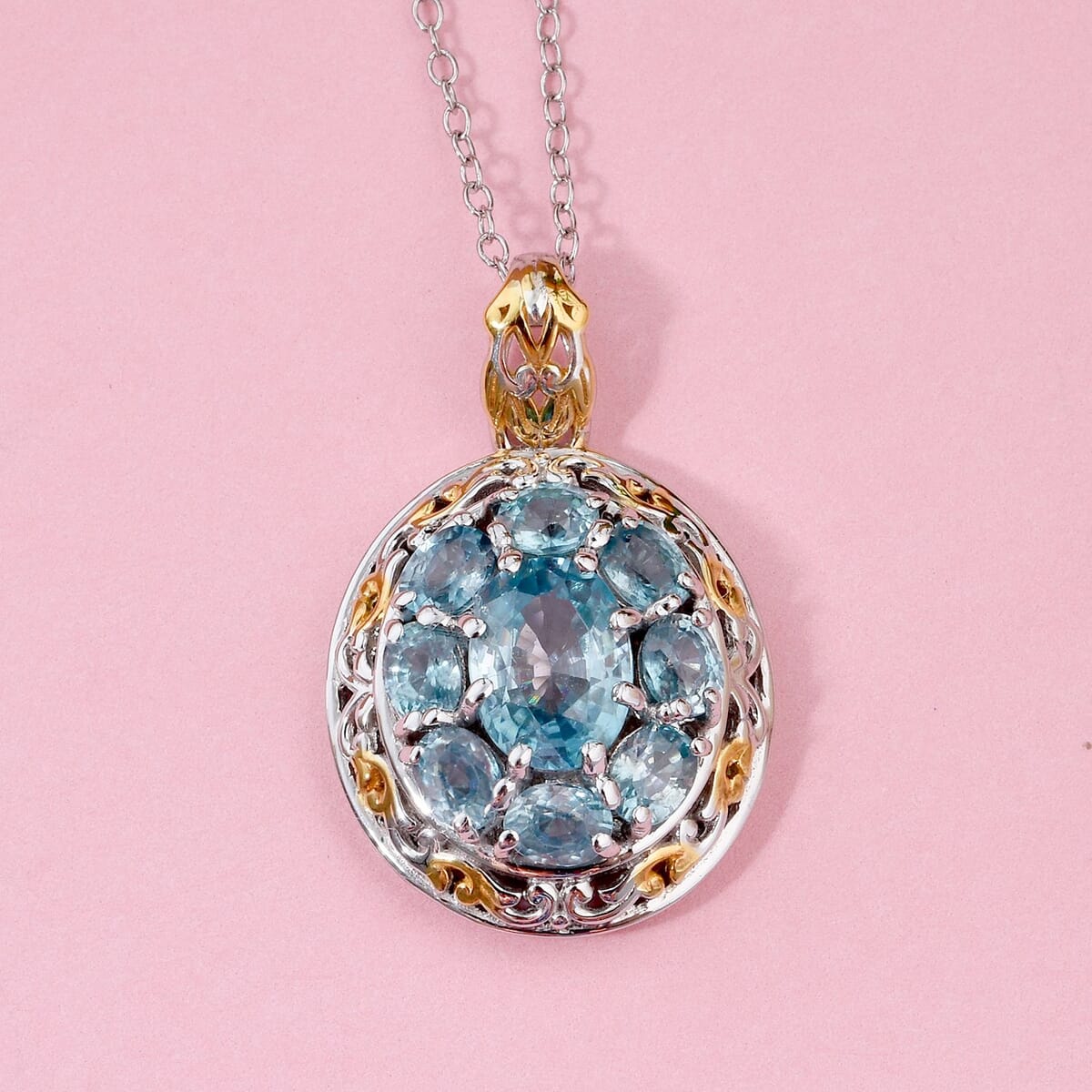 Premium Cambodian Blue Zircon 4.00 ctw Pendant Necklace in Vermeil YG and Rhodium Over Sterling Silver 20 Inches image number 1