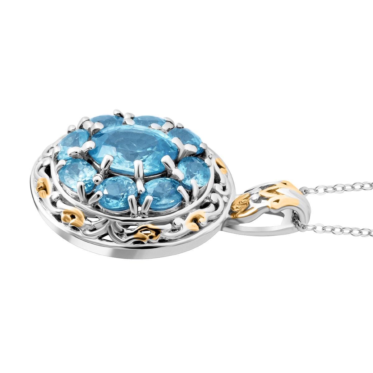 Premium Cambodian Blue Zircon 4.00 ctw Pendant Necklace in Vermeil YG and Rhodium Over Sterling Silver 20 Inches image number 3