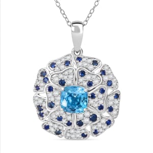 Premium Cambodian Blue Zircon and Multi Gemstone 4.15 ctw Floral Pendant Necklace in Rhodium Over Sterling Silver 20 Inches