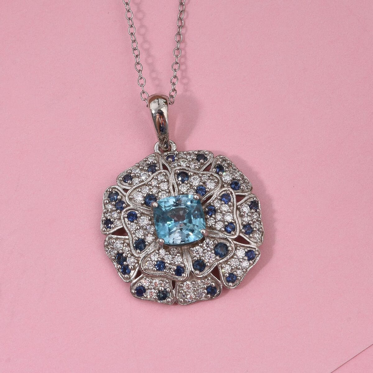 Premium Cambodian Blue Zircon and Multi Gemstone 4.15 ctw Floral Pendant Necklace in Rhodium Over Sterling Silver 20 Inches image number 1