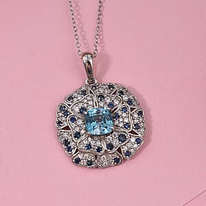 Premium Cambodian Blue Zircon and Multi Gemstone 4.15 ctw Floral Pendant Necklace in Rhodium Over Sterling Silver 20 Inches