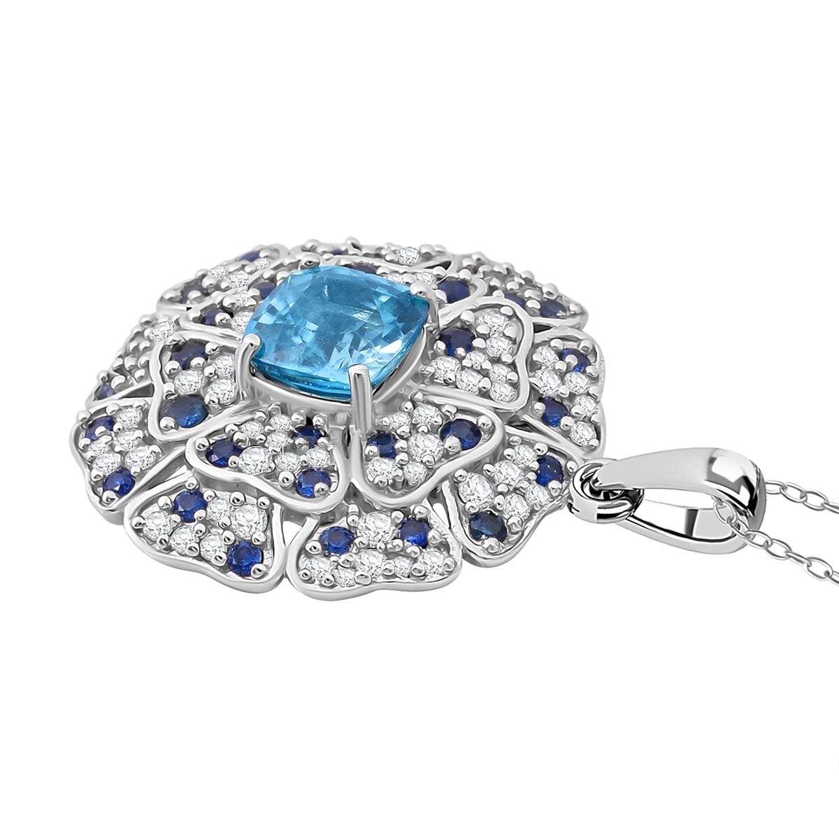 Premium Cambodian Blue Zircon and Multi Gemstone 4.15 ctw Floral Pendant Necklace in Rhodium Over Sterling Silver 20 Inches image number 3