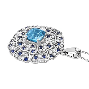 Premium Cambodian Blue Zircon and Multi Gemstone 4.15 ctw Floral Pendant Necklace in Rhodium Over Sterling Silver 20 Inches