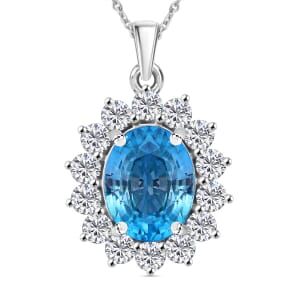 AAA Cambodian Blue Zircon and Luxuriant Lab Grown Diamond (SI) 5.00 ctw Sunburst Pendant Necklace in 10K White Gold 18 Inches