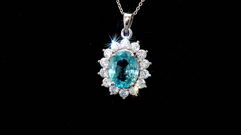 AAA Cambodian Blue Zircon and Luxuriant Lab Grown Diamond (SI) 5.00 ctw Sunburst Pendant Necklace in 10K White Gold 18 Inches