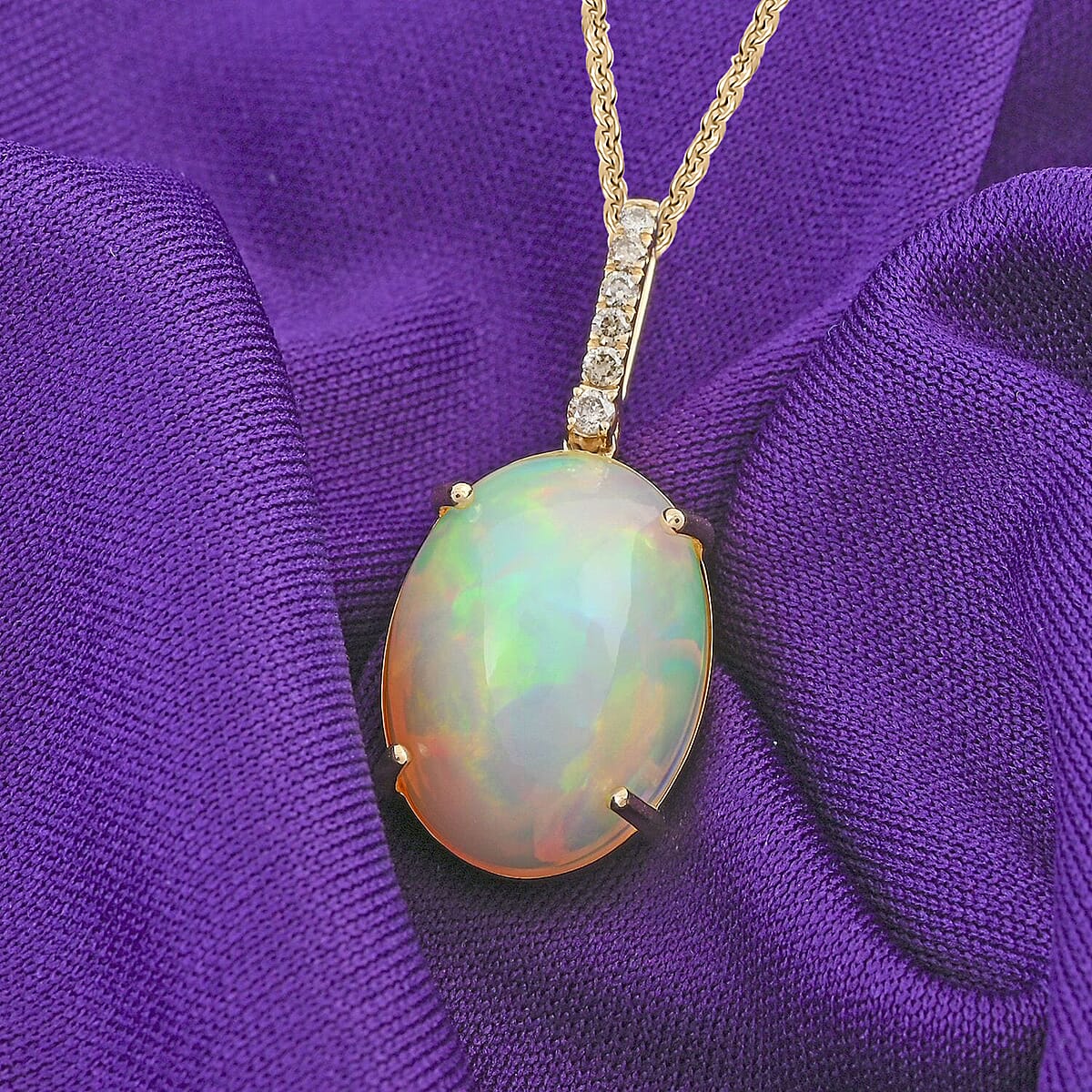 Certified & Appraised Luxoro AAA Ethiopian Welo Opal and G-H I2 Diamond 6.94 ctw Pendant Necklace in 10K Yellow Gold 18 Inches image number 1