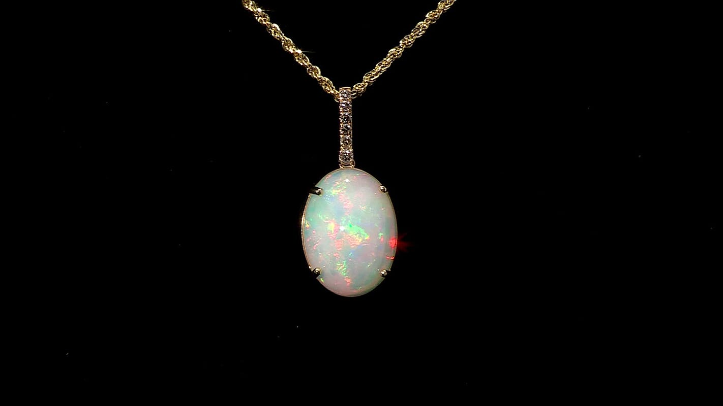Certified & Appraised Luxoro AAA Ethiopian Welo Opal and G-H I2 Diamond 6.94 ctw Pendant Necklace in 10K Yellow Gold 18 Inches