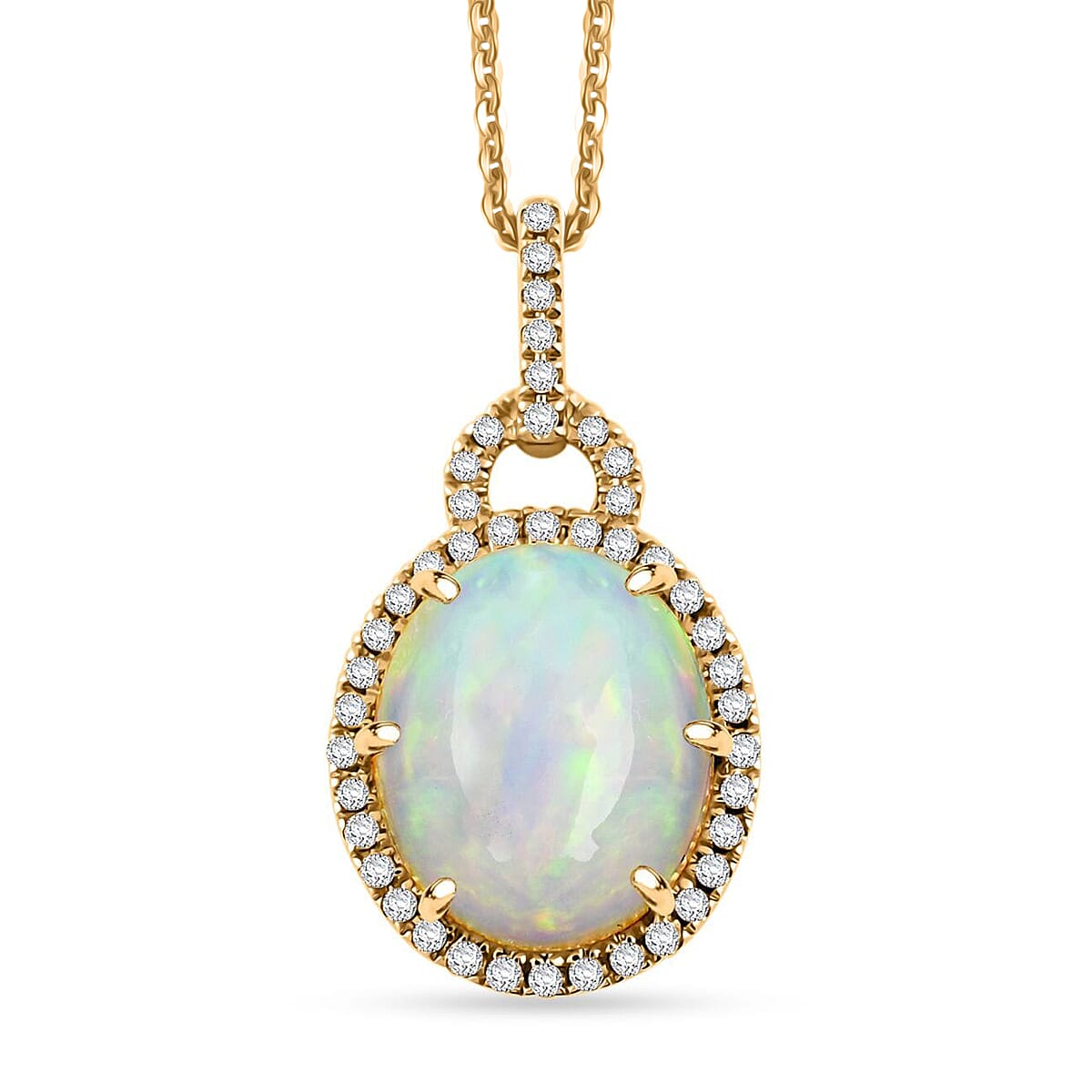 Certified & Appraised Luxoro AAA Ethiopian Welo Opal and G-H I2 Diamond 3.60 ctw Pendant Necklace in 10K Yellow Gold 18 Inches image number 0