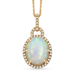 Certified & Appraised Luxoro AAA Ethiopian Welo Opal and G-H I2 Diamond 3.60 ctw Pendant Necklace in 10K Yellow Gold 18 Inches