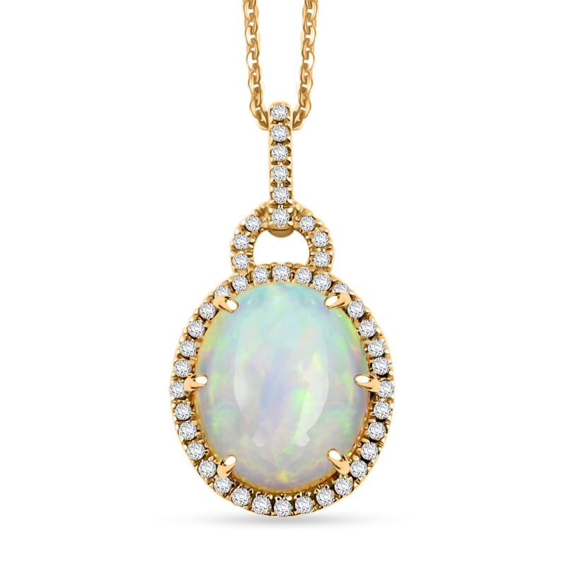 Certified & Appraised Luxoro AAA Ethiopian Welo Opal and G-H I2 Diamond 3.60 ctw Pendant Necklace in 10K Yellow Gold 18 Inches