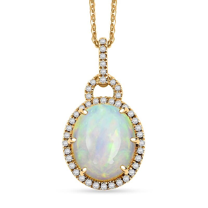 Certified & Appraised Luxoro AAA Ethiopian Welo Opal and G-H I2 Diamond 3.60 ctw Pendant Necklace in 10K Yellow Gold 18 Inches
