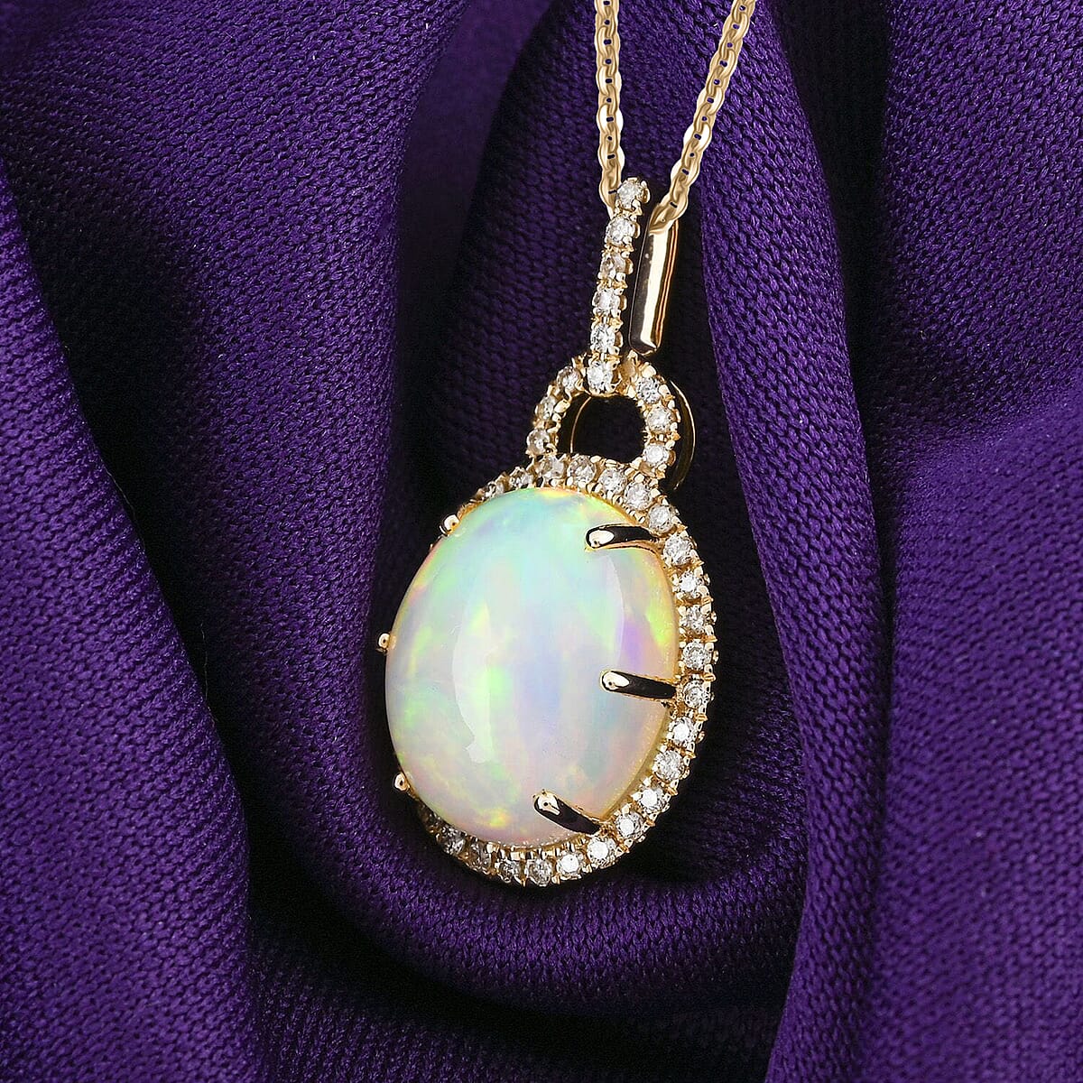 Certified & Appraised Luxoro AAA Ethiopian Welo Opal and G-H I2 Diamond 3.60 ctw Pendant Necklace in 10K Yellow Gold 18 Inches image number 1