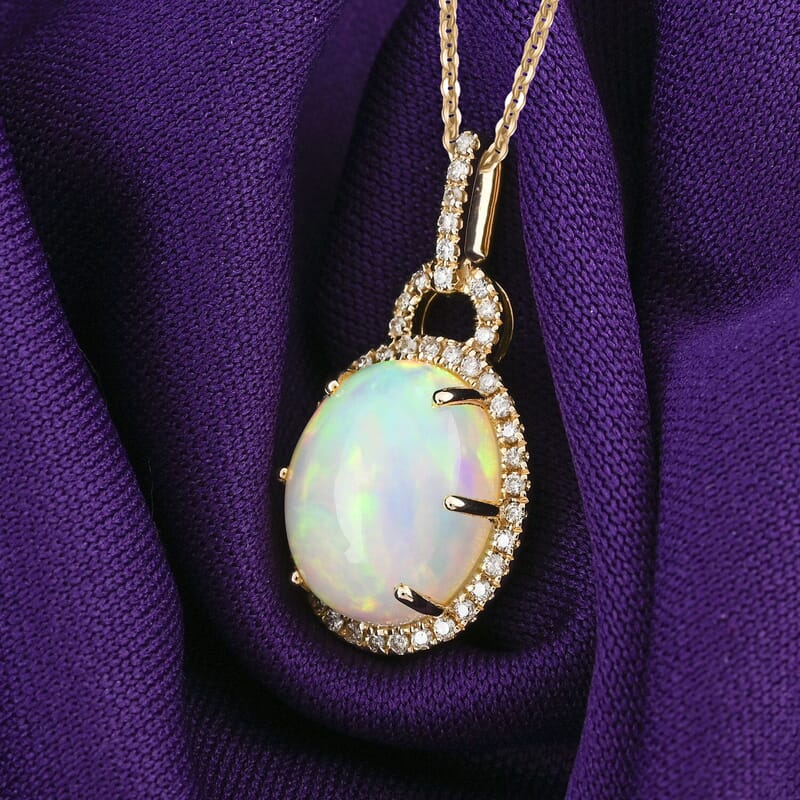 Certified & Appraised Luxoro AAA Ethiopian Welo Opal and G-H I2 Diamond 3.60 ctw Pendant Necklace in 10K Yellow Gold 18 Inches