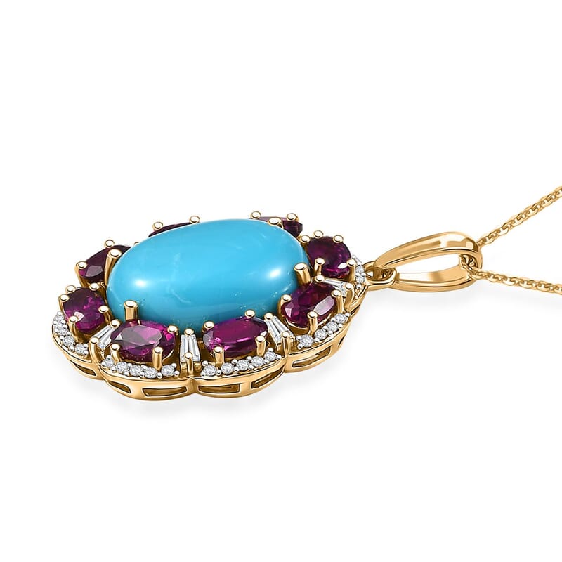 Sleeping Beauty Turquoise and Multi Gemstone 10.30 ctw Pendant Necklace in 18K Vermeil Yellow Gold Over Sterling Silver 20 Inches
