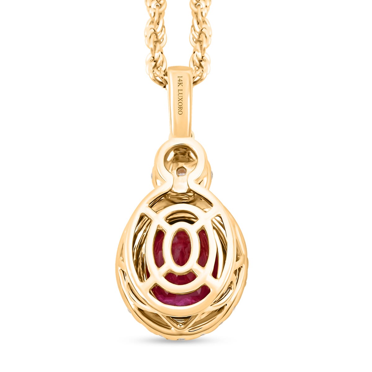 Certified & Appraised Luxoro AAA Mozambique Ruby and I2 Diamond 2.45 ctw Pendant Necklace in 14K Yellow Gold 18 Inches image number 3