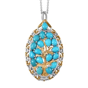 Sleeping Beauty Turquoise Ornate 3.90 ctw Tree of Life Pendant Necklace in 18K Vermeil YG and Rhodium Over Sterling Silver 20 Inches