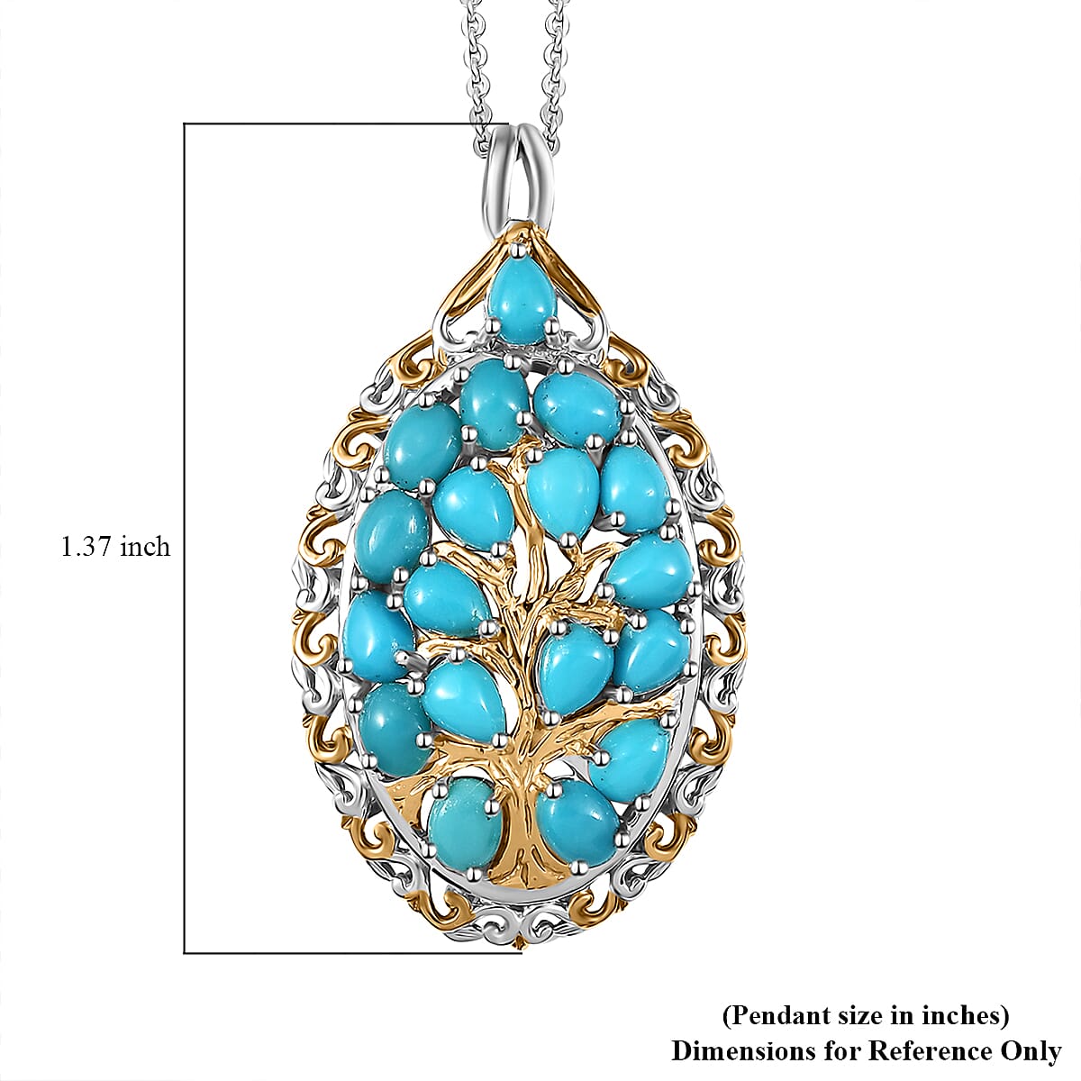 D'Joy Sleeping Beauty Turquoise Ornate 3.90 ctw Tree of Life Pendant Necklace in 18K Vermeil YG and Rhodium Over Sterling Silver 20 Inches
