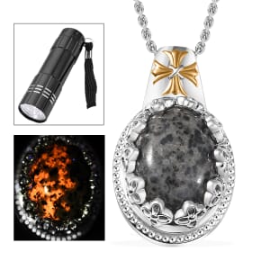 Karis Natural Yooperlite 10.00 ctw Crown Pendant in 18K YG Plated and Platinum Bond with Stainless Steel Necklace with Free UV Flash Light 20 Inches
