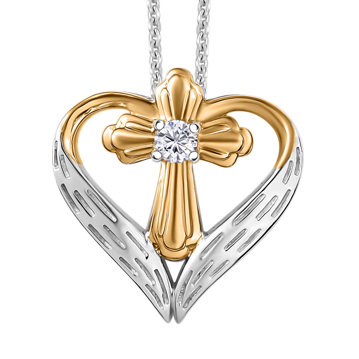 Moissanite Heart Pendant Necklace (20 Inches) in 18K Vermeil YG and Rhodium Over Sterling Silver 0.06 ctw image number 0