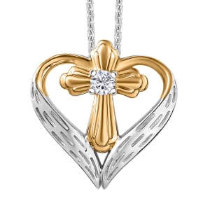 Moissanite Heart Pendant Necklace (20 Inches) in 18K Vermeil YG and Rhodium Over Sterling Silver 0.06 ctw