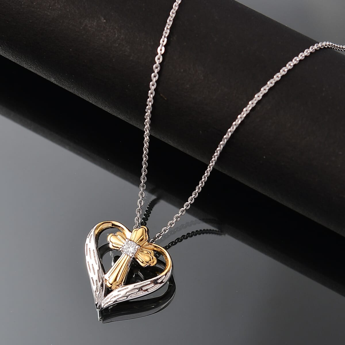 Moissanite Heart Pendant Necklace (20 Inches) in 18K Vermeil YG and Rhodium Over Sterling Silver 0.06 ctw image number 1