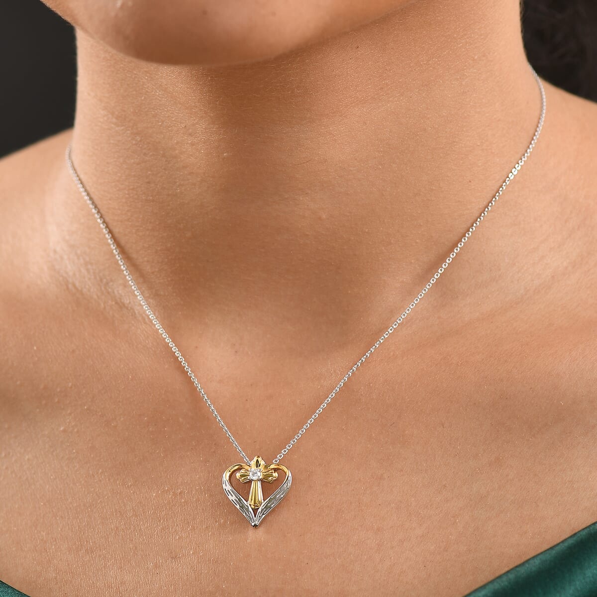 Moissanite Heart Pendant Necklace (20 Inches) in 18K Vermeil YG and Rhodium Over Sterling Silver 0.06 ctw image number 2