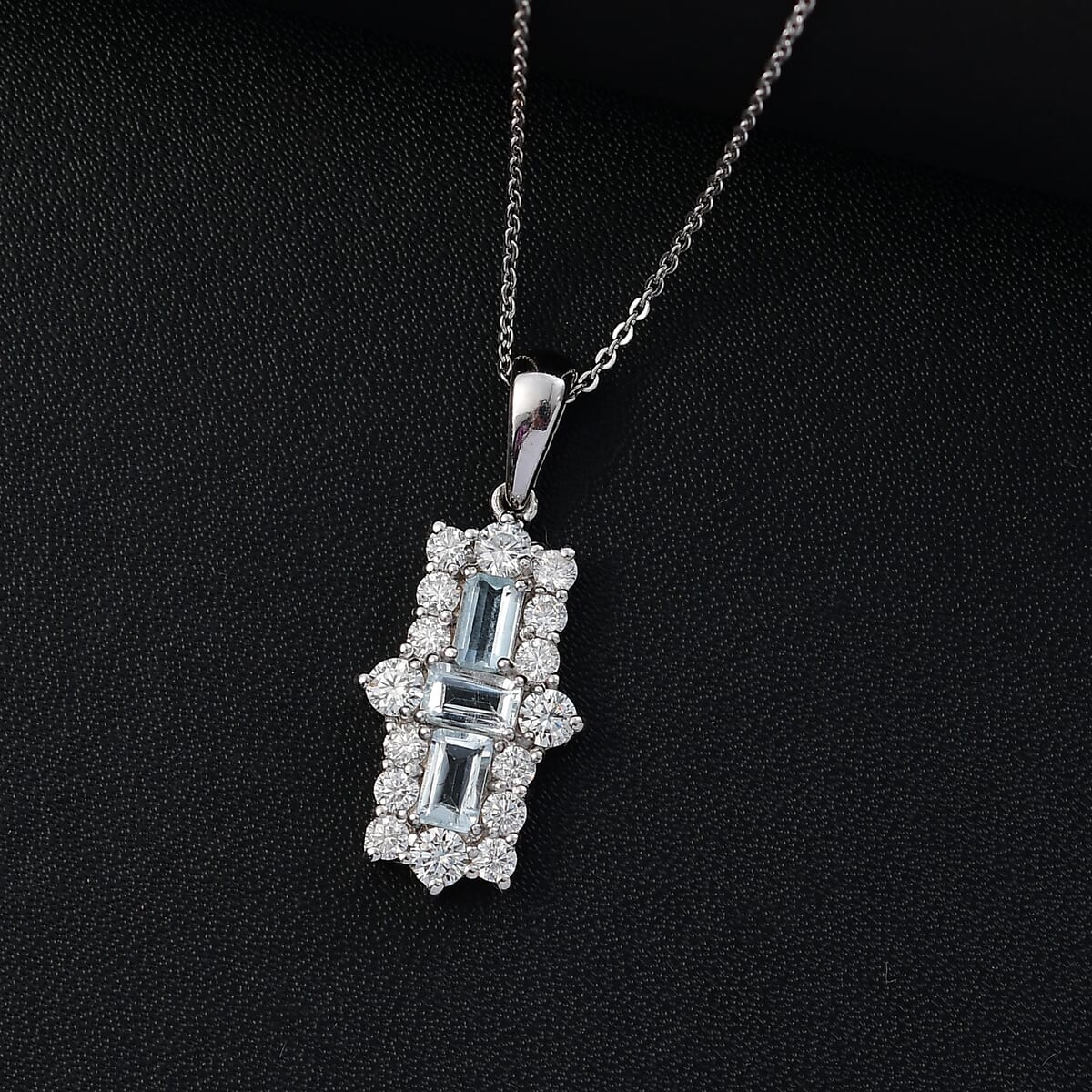 Premium Mangoro Aquamarine and Moissanite 1.85 ctw Ocean Prism Pendant Necklace in Rhodium Over Sterling Silver 20 Inches image number 1