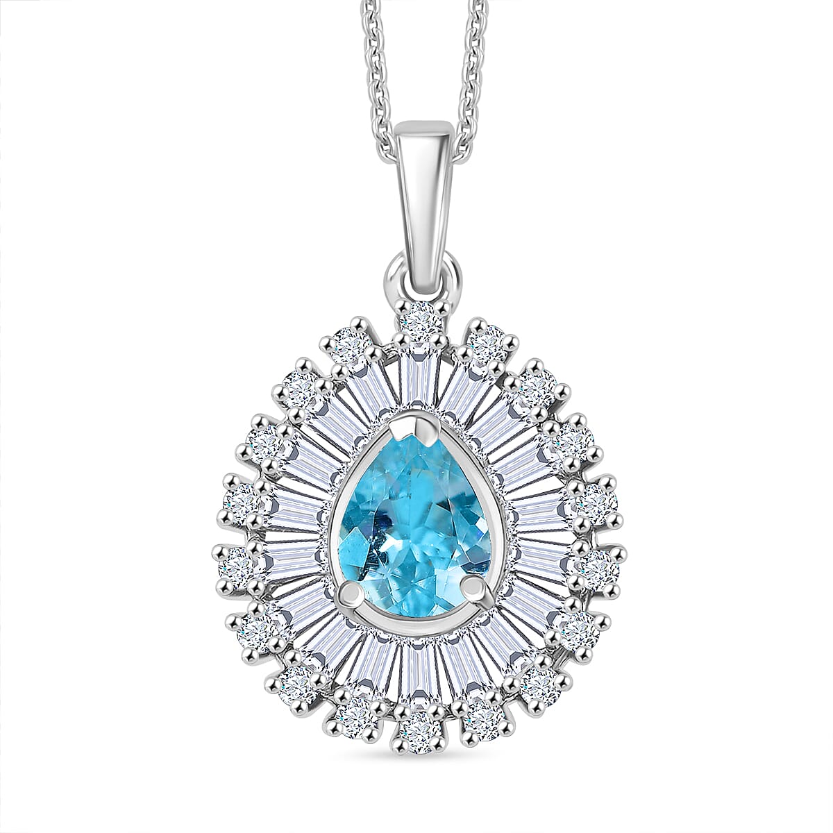 Premium Mangoro Aquamarine and Moissanite 1.85 ctw Ocean Tear Pendant Necklace in Rhodium Over Sterling Silver 20 Inches image number 0