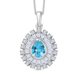 Premium Mangoro Aquamarine and Moissanite 1.85 ctw Ocean Tear Pendant Necklace in Rhodium Over Sterling Silver 20 Inches