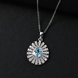 Premium Mangoro Aquamarine and Moissanite 1.85 ctw Ocean Tear Pendant Necklace in Rhodium Over Sterling Silver 20 Inches