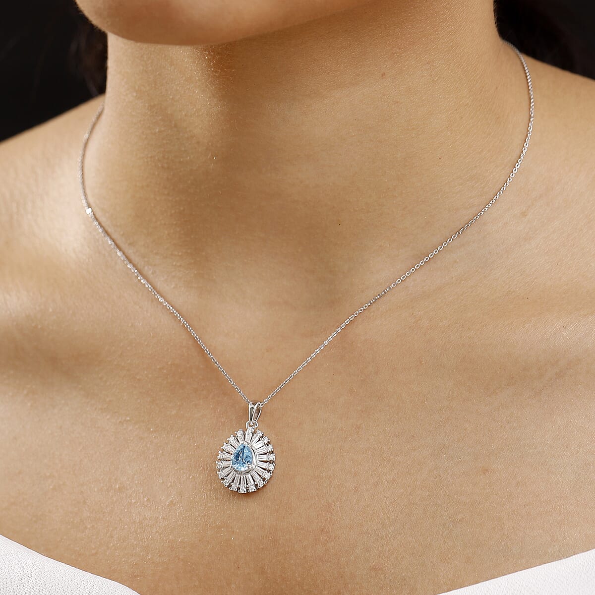 Premium Mangoro Aquamarine and Moissanite 1.85 ctw Ocean Tear Pendant Necklace in Rhodium Over Sterling Silver 20 Inches image number 2