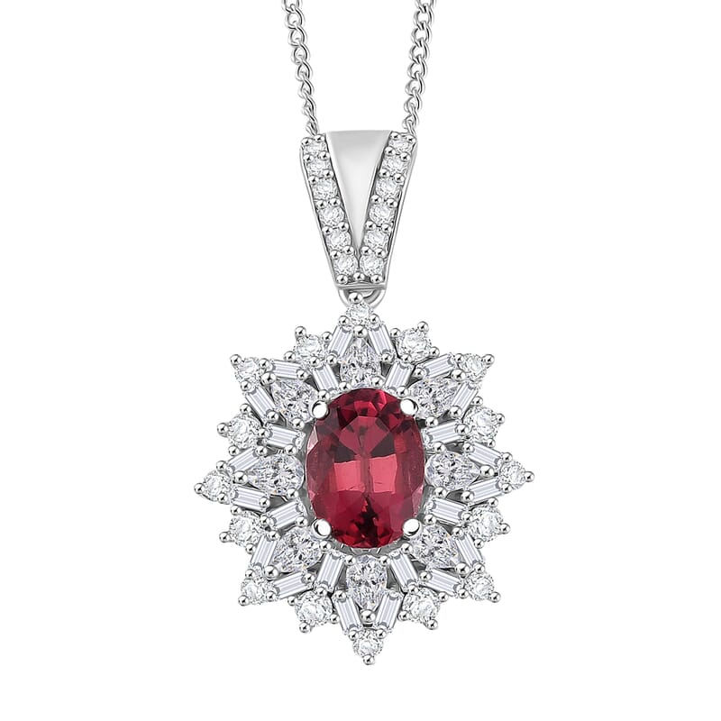 D'Joy Ouro Fino Rubellite, Moissanite Elite Starburst Pendant Necklace in Rhodium Over Sterling Silver 2.60 ctw (18 Inches)