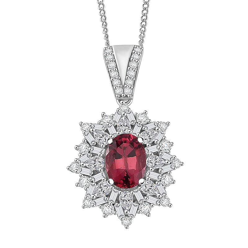 D'Joy Ouro Fino Rubellite, Moissanite Elite Starburst Pendant Necklace in Rhodium Over Sterling Silver 2.60 ctw (18 Inches)
