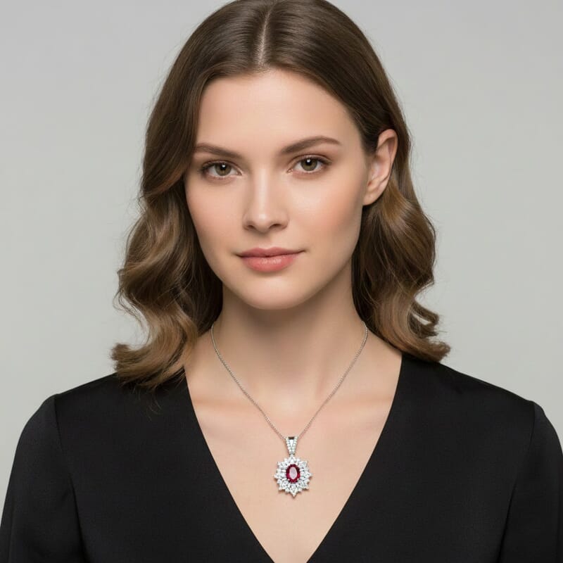 D'Joy Ouro Fino Rubellite, Moissanite Elite Starburst Pendant Necklace in Rhodium Over Sterling Silver 2.60 ctw (18 Inches)