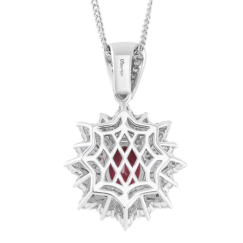 D'Joy Ouro Fino Rubellite, Moissanite Elite Starburst Pendant Necklace in Rhodium Over Sterling Silver 2.60 ctw (18 Inches)