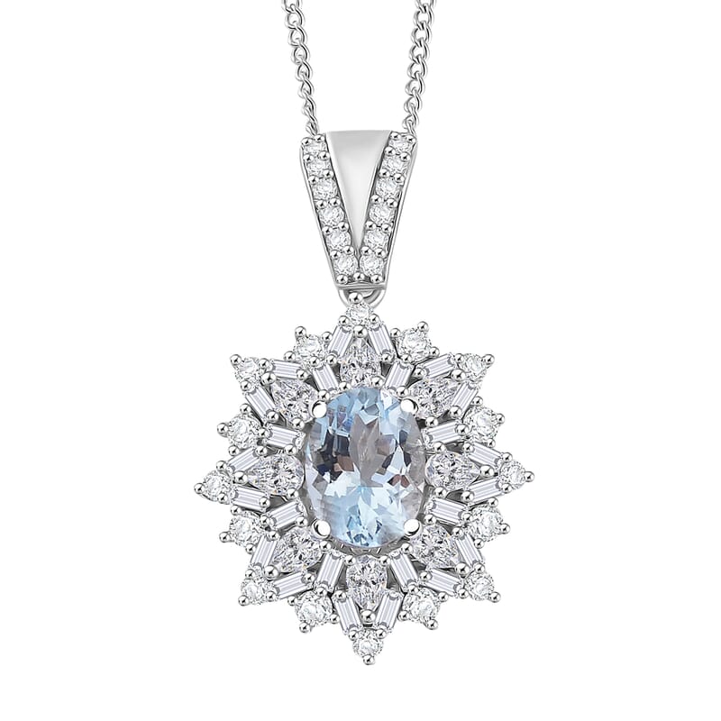 D'Joy Santa Maria Aquamarine, Moissanite Elite Starburst Pendant Necklace in Rhodium Over Sterling Silver 2.25 ctw (18 Inches)