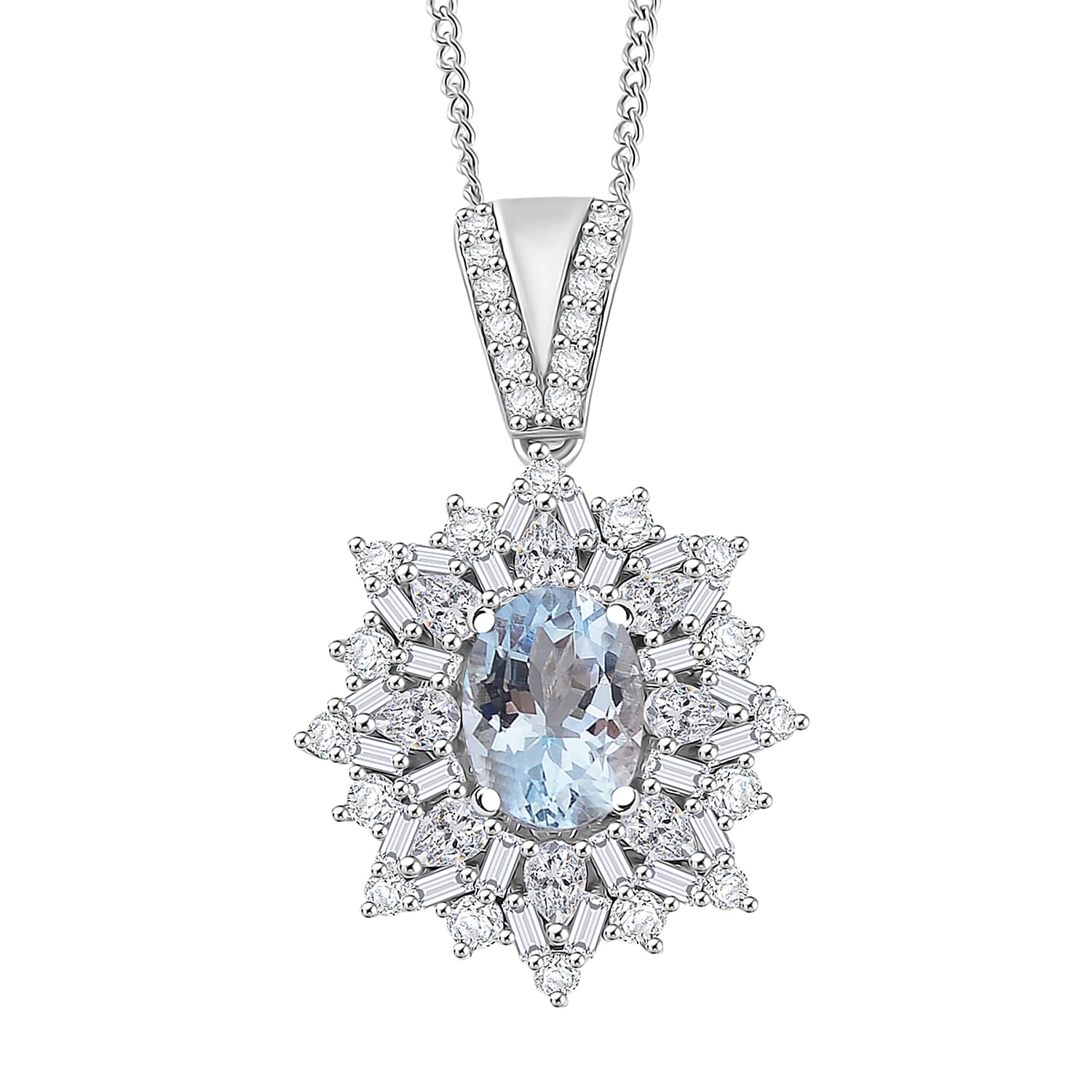 D'Joy Santa Maria Aquamarine, Moissanite Elite Starburst Pendant Necklace in Rhodium Over Sterling Silver 2.25 ctw (18 Inches)
