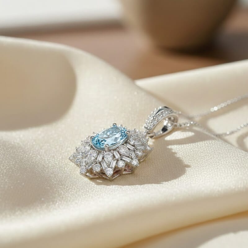 D'Joy Santa Maria Aquamarine, Moissanite Elite Starburst Pendant Necklace in Rhodium Over Sterling Silver 2.25 ctw (18 Inches)