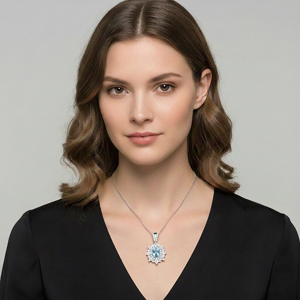 D'Joy Santa Maria Aquamarine, Moissanite Elite Starburst Pendant Necklace in Rhodium Over Sterling Silver 2.25 ctw (18 Inches)