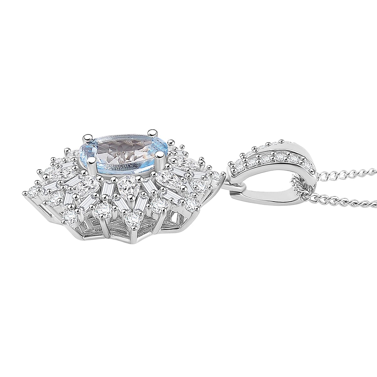 D'Joy Santa Maria Aquamarine, Moissanite Elite Starburst Pendant Necklace in Rhodium Over Sterling Silver 2.25 ctw (18 Inches)
