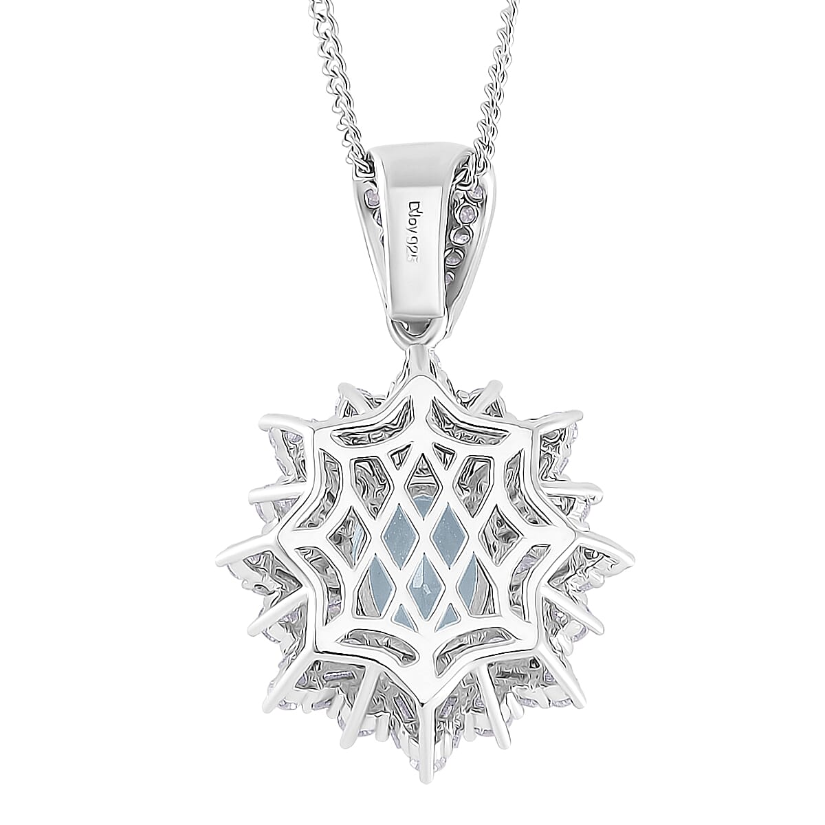 D'Joy Santa Maria Aquamarine, Moissanite Elite Starburst Pendant Necklace in Rhodium Over Sterling Silver 2.25 ctw (18 Inches)