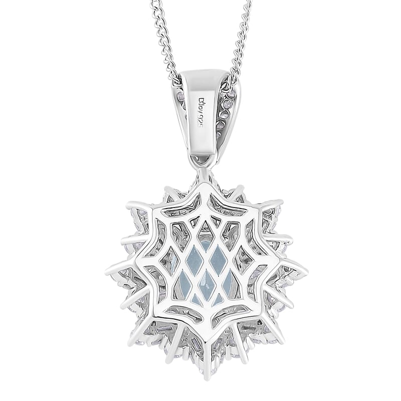 D'Joy Santa Maria Aquamarine, Moissanite Elite Starburst Pendant Necklace in Rhodium Over Sterling Silver 2.25 ctw (18 Inches)