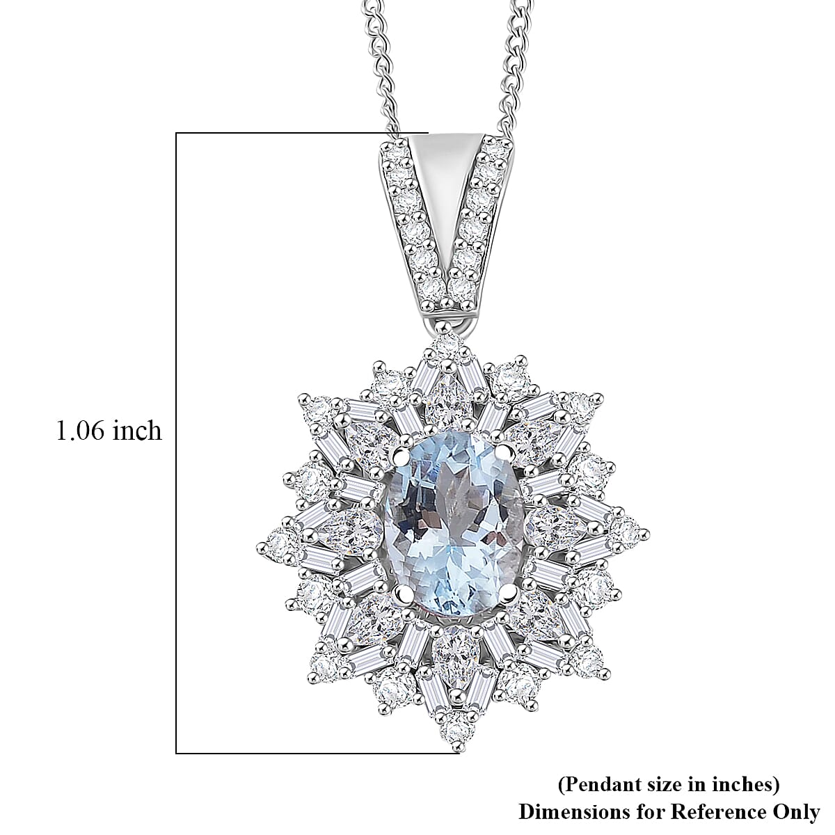 D'Joy Santa Maria Aquamarine, Moissanite Elite Starburst Pendant Necklace in Rhodium Over Sterling Silver 2.25 ctw (18 Inches)