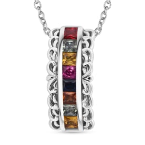 Multi Sapphire 1.25 ctw Regal Arc Pendant Necklace in Rhodium Over Sterling Silver 20 Inches