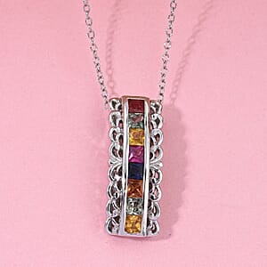 Multi Sapphire 1.25 ctw Regal Arc Pendant Necklace in Rhodium Over Sterling Silver 20 Inches