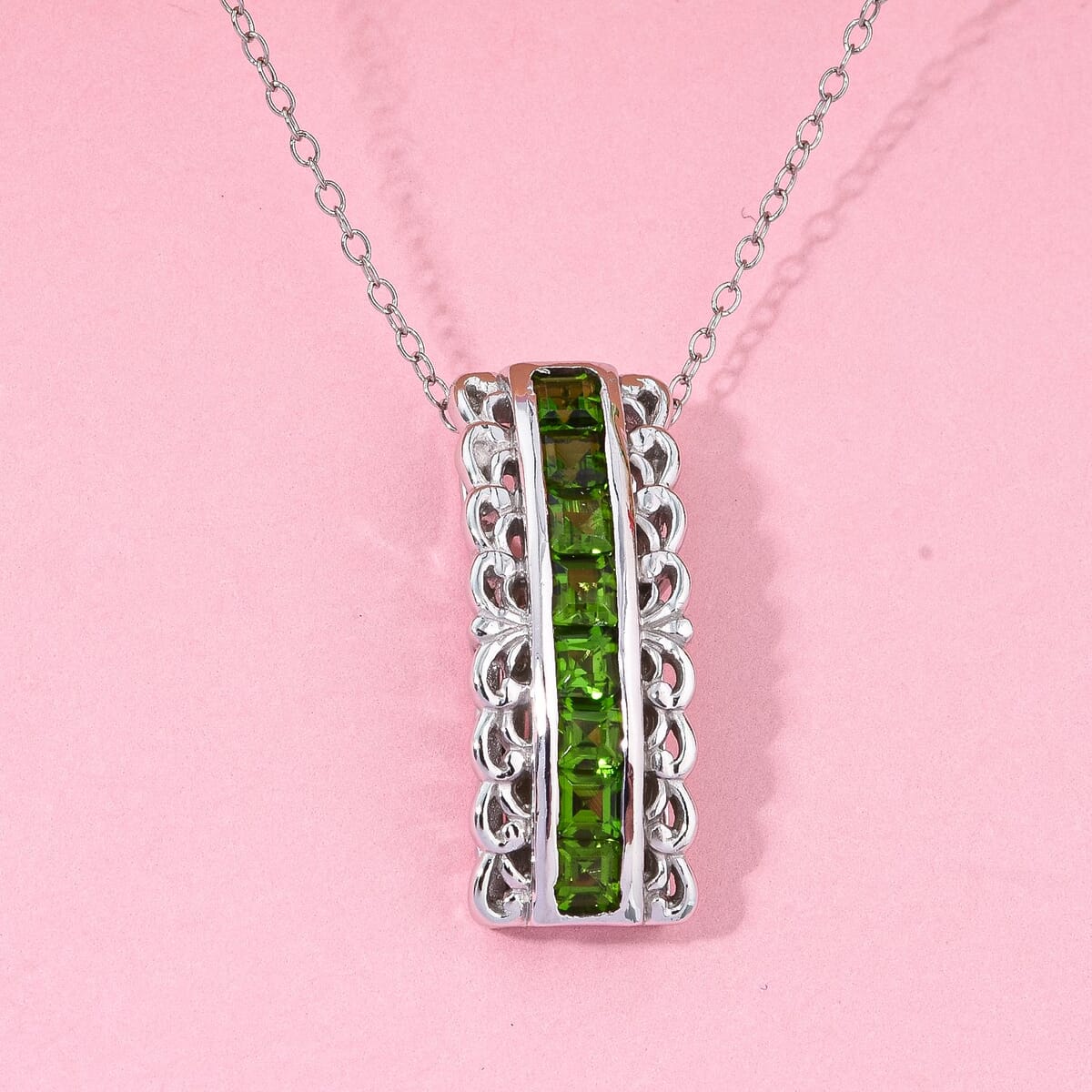 Chrome Diopside 1.25 ctw Regal Arc Pendant Necklace in Rhodium Over Sterling Silver 20 Inches image number 1