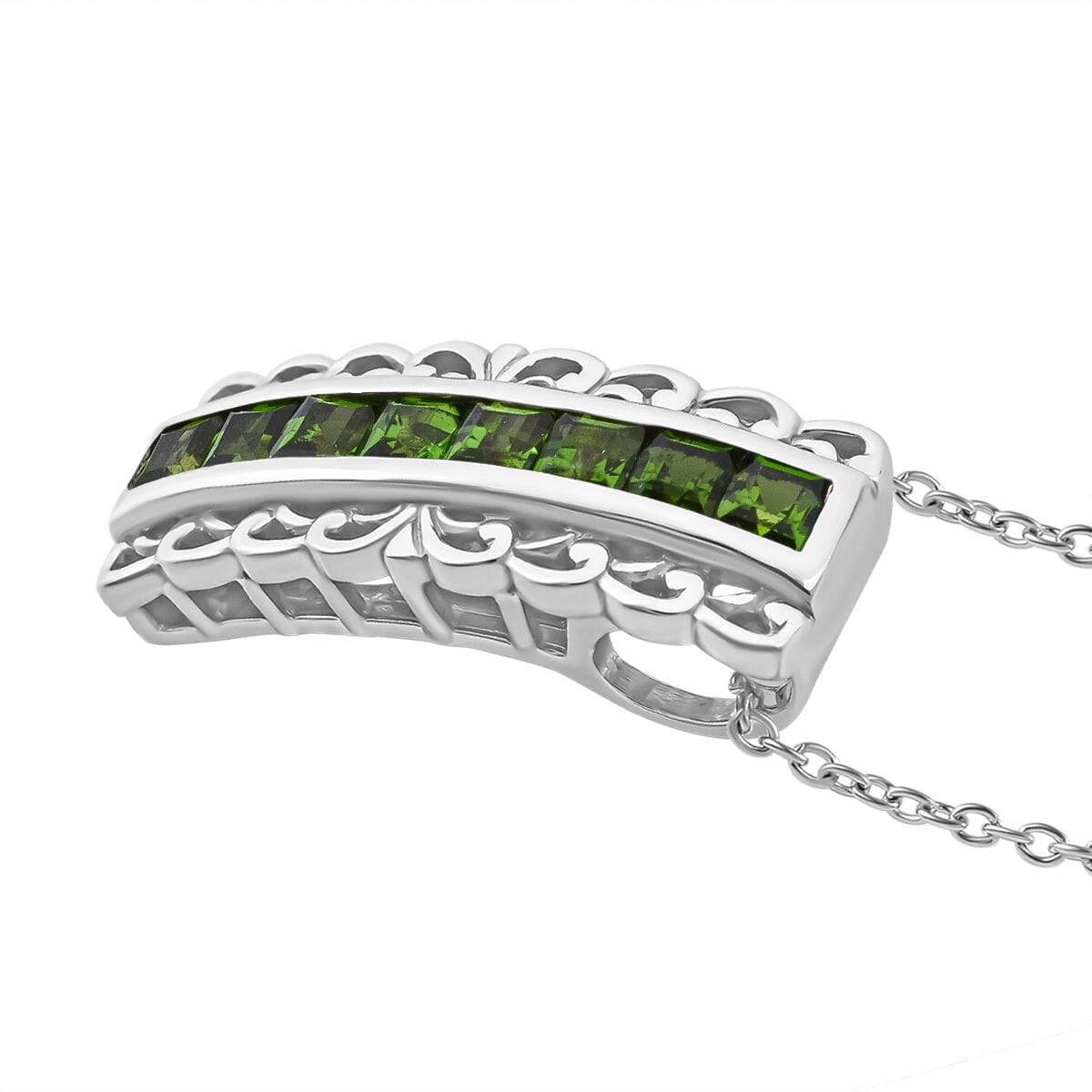 Chrome Diopside 1.25 ctw Regal Arc Pendant Necklace in Rhodium Over Sterling Silver 20 Inches image number 3
