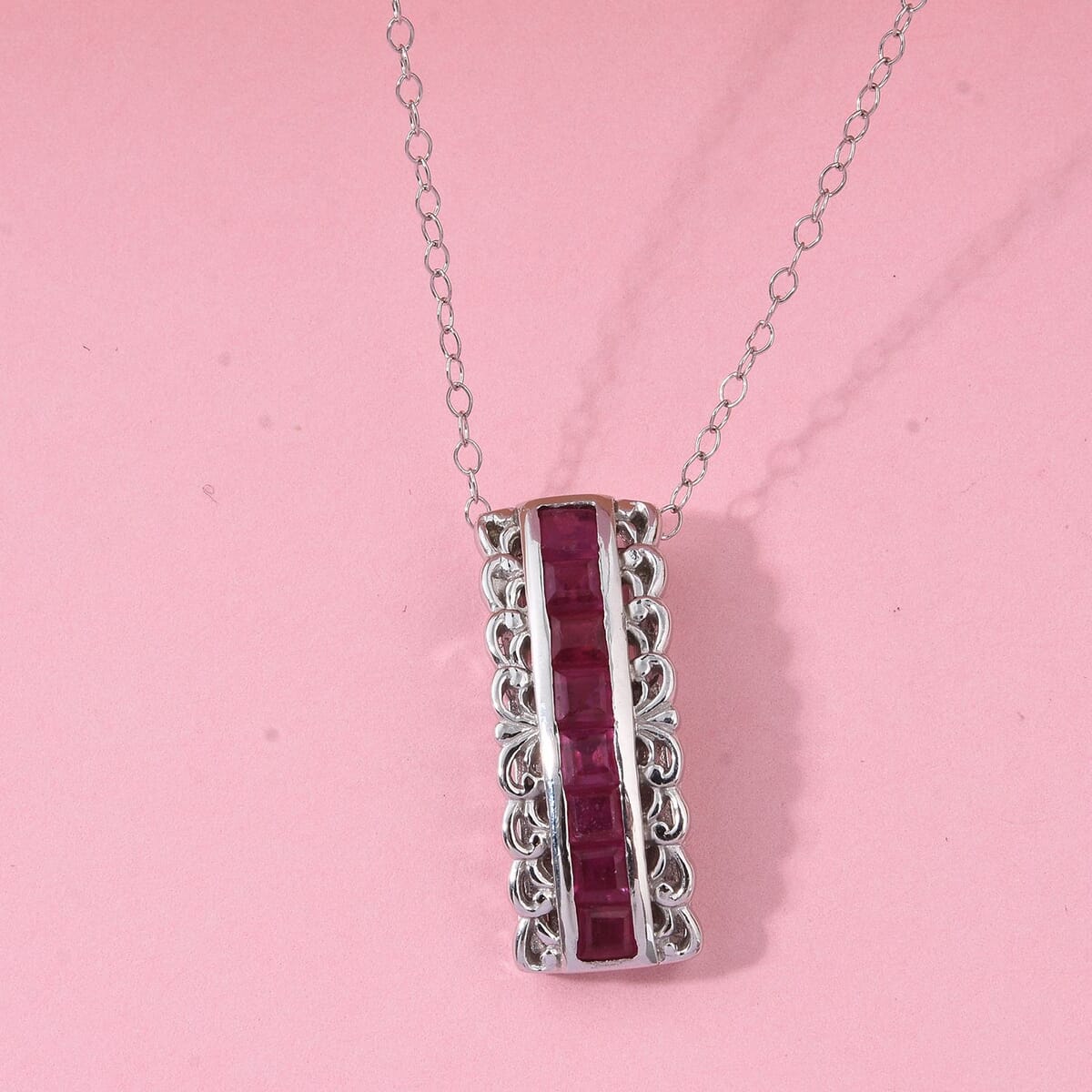 Niassa Ruby (FF) 2.00 ctw Regal Arc Pendant Necklace in Rhodium Over Sterling Silver 20 Inches image number 1